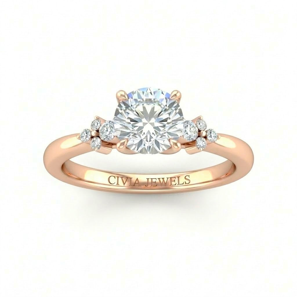 Rose Gold Round Diamond Engagement Ring With Floral Cluster Side Design