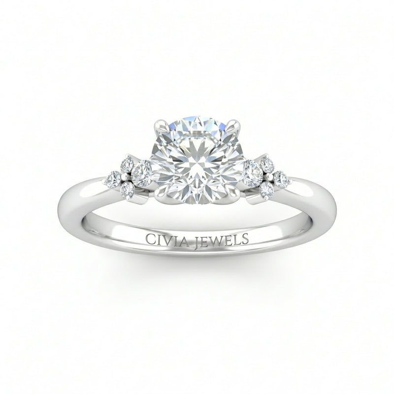 White Gold Round Diamond Engagement Ring With Floral Cluster Side Design