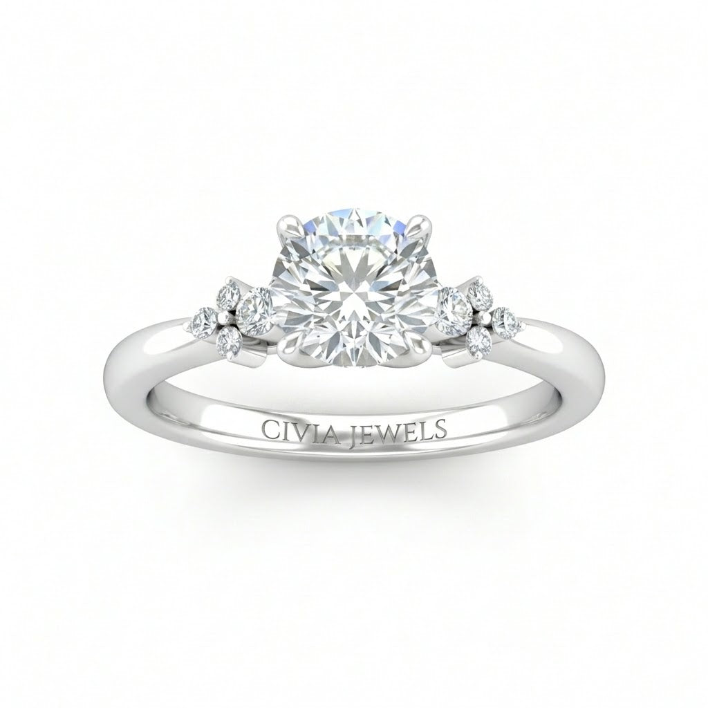White Gold Round Diamond Engagement Ring With Floral Cluster Side Design