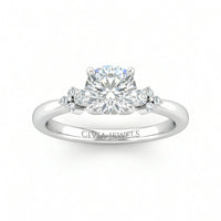 White Gold Round Diamond Engagement Ring With Floral Cluster Side Design