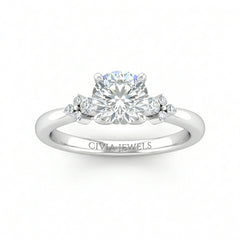 Silver Round Diamond Engagement Ring With Floral Cluster Side Design