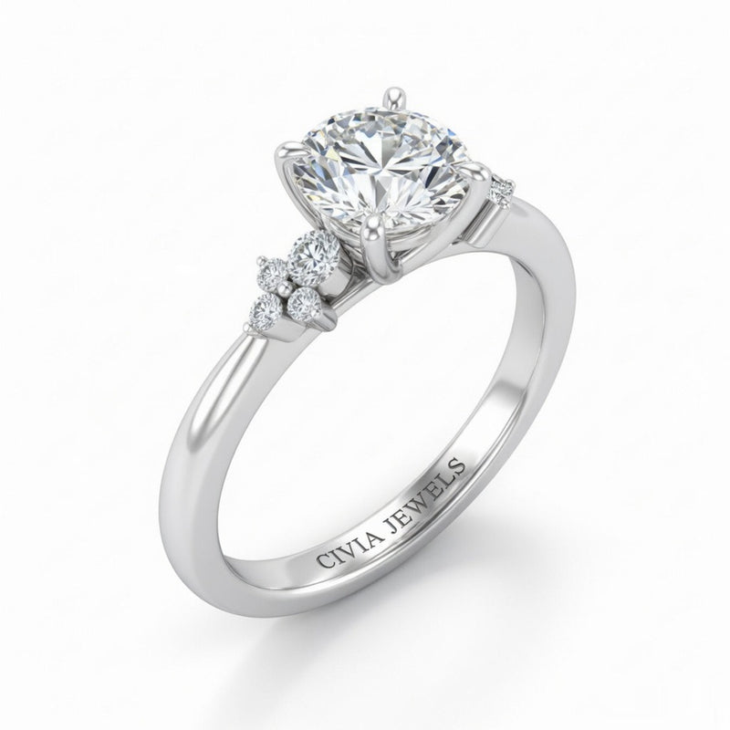 Silver Round Diamond Engagement Ring With Floral Cluster Side Design