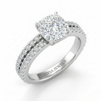 White Gold Cushion Diamond Engagement Ring With Split Pavé Band Design