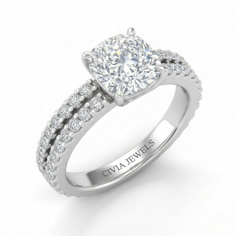 Silver Cushion Diamond Engagement Ring With Split Pavé Band Design