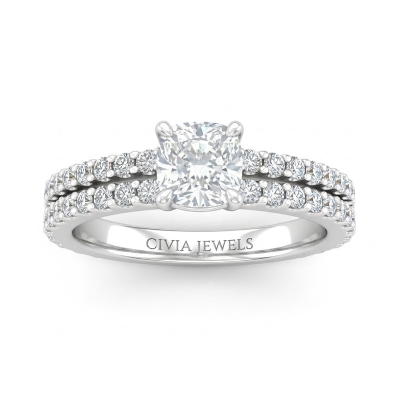 White Gold Cushion Diamond Engagement Ring With Split Pavé Band Design