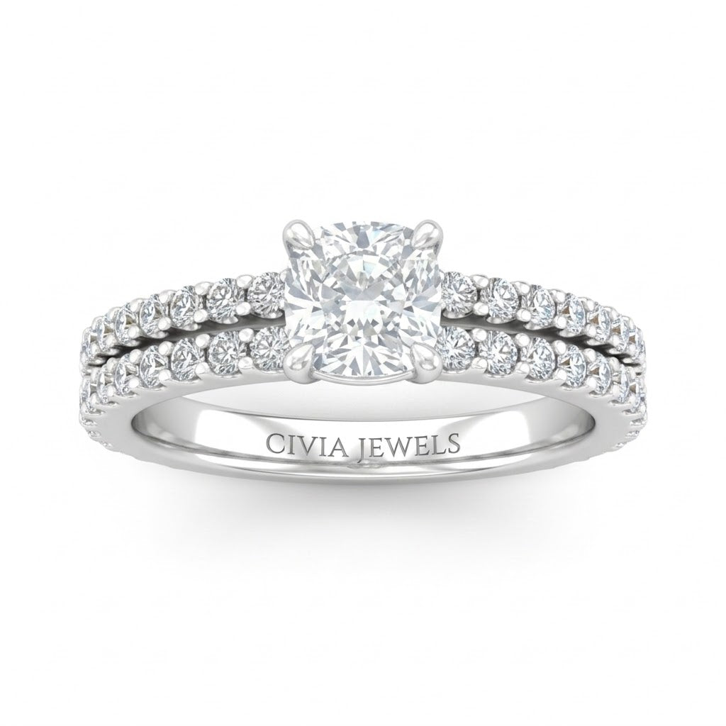 Silver Cushion Diamond Engagement Ring With Split Pavé Band Design