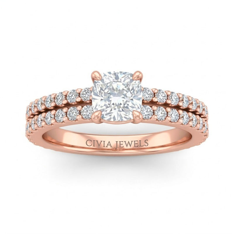 Rose Gold Cushion Diamond Engagement Ring With Split Pavé Band Design