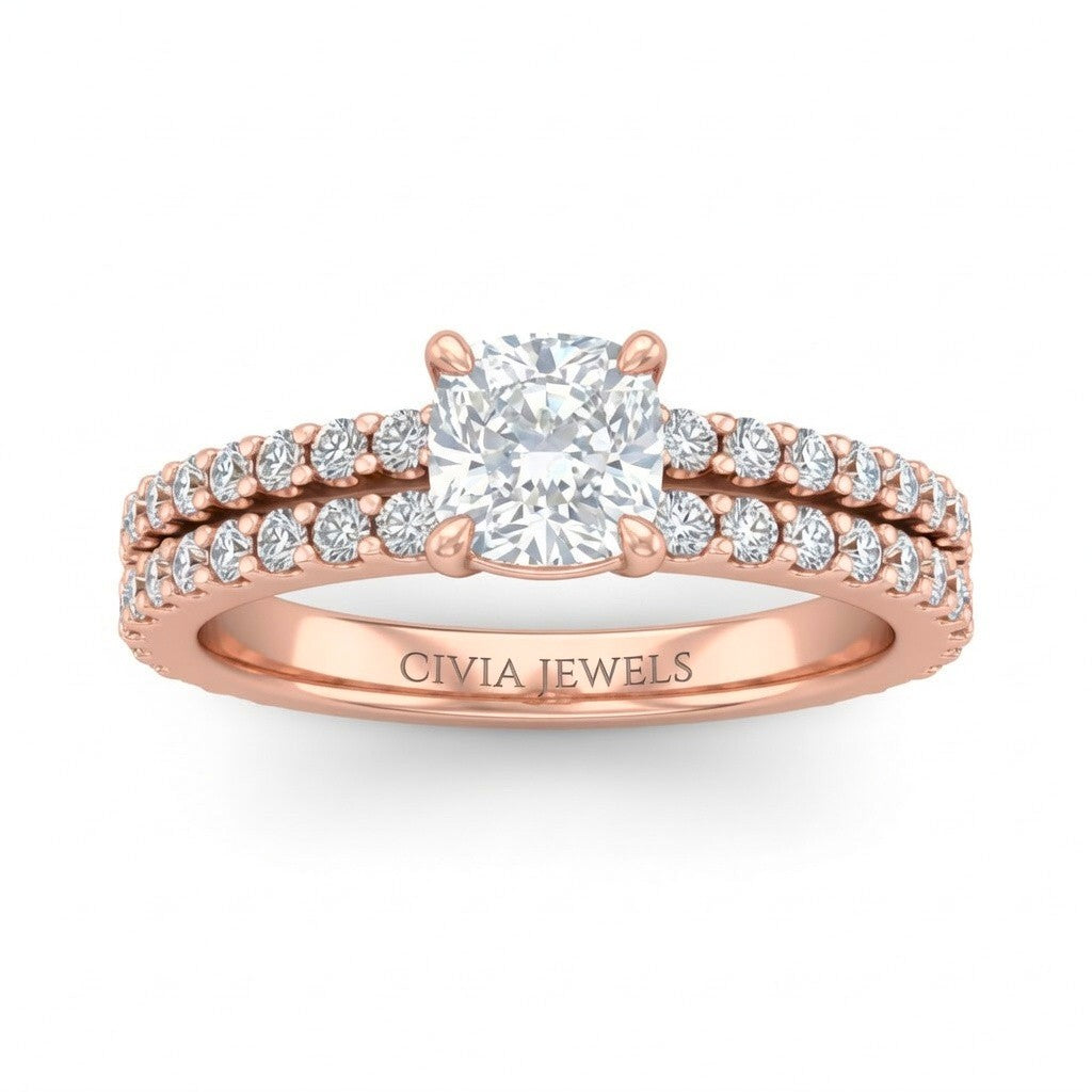 Rose Gold Cushion Diamond Engagement Ring With Split Pavé Band Design