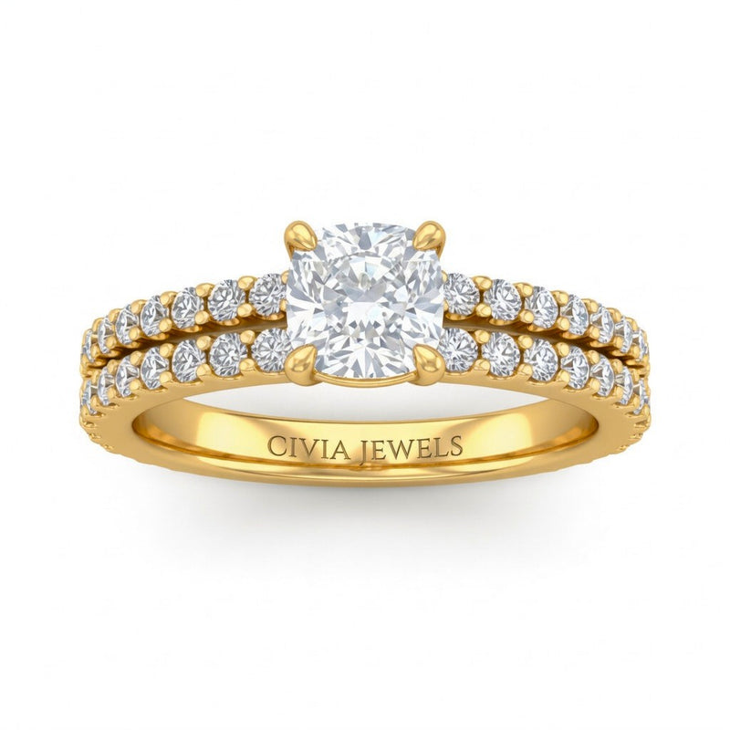 Yellow Gold Cushion Diamond Engagement Ring With Split Pavé Band Design