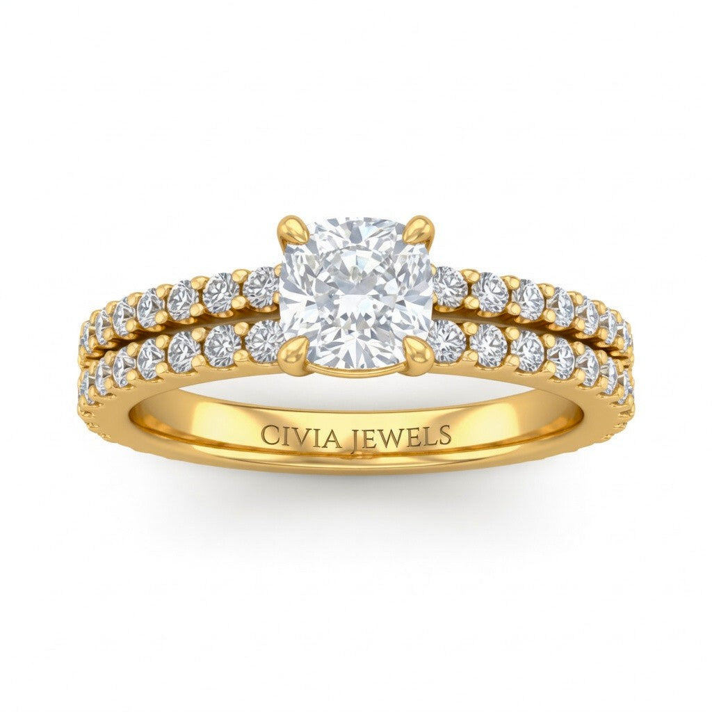 Yellow Gold Cushion Diamond Engagement Ring With Split Pavé Band Design