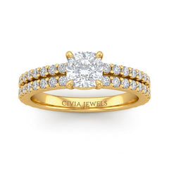 Yellow Gold Cushion Diamond Engagement Ring With Split Pavé Band Design