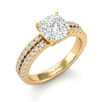 Yellow Gold Cushion Diamond Engagement Ring With Split Pavé Band Design