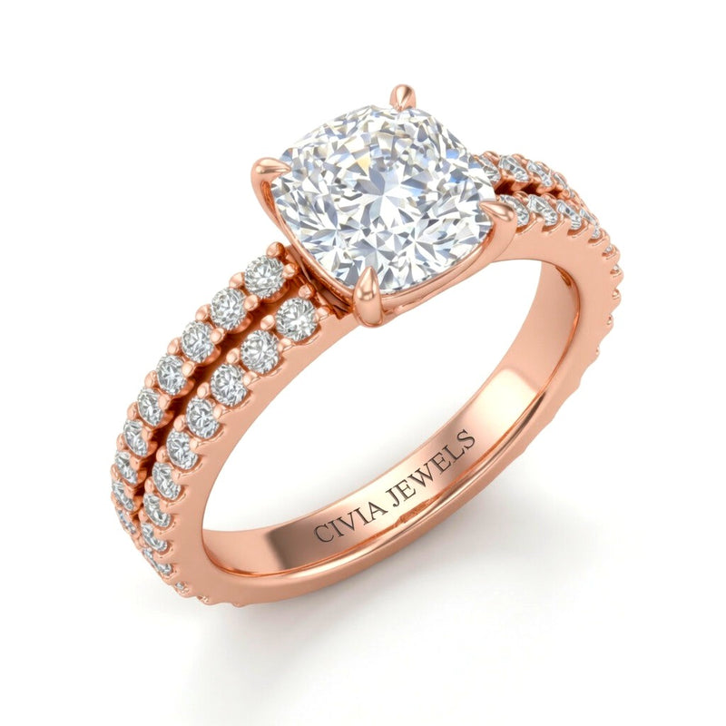 Rose Gold Cushion Diamond Engagement Ring With Split Pavé Band Design