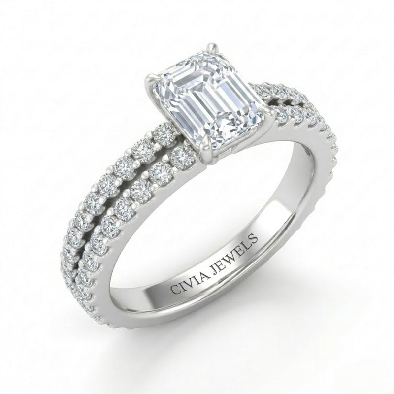 White Gold Emerald Diamond Engagement Ring With Split Pavé Band Design
