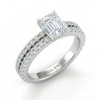 White Gold Emerald Diamond Engagement Ring With Split Pavé Band Design