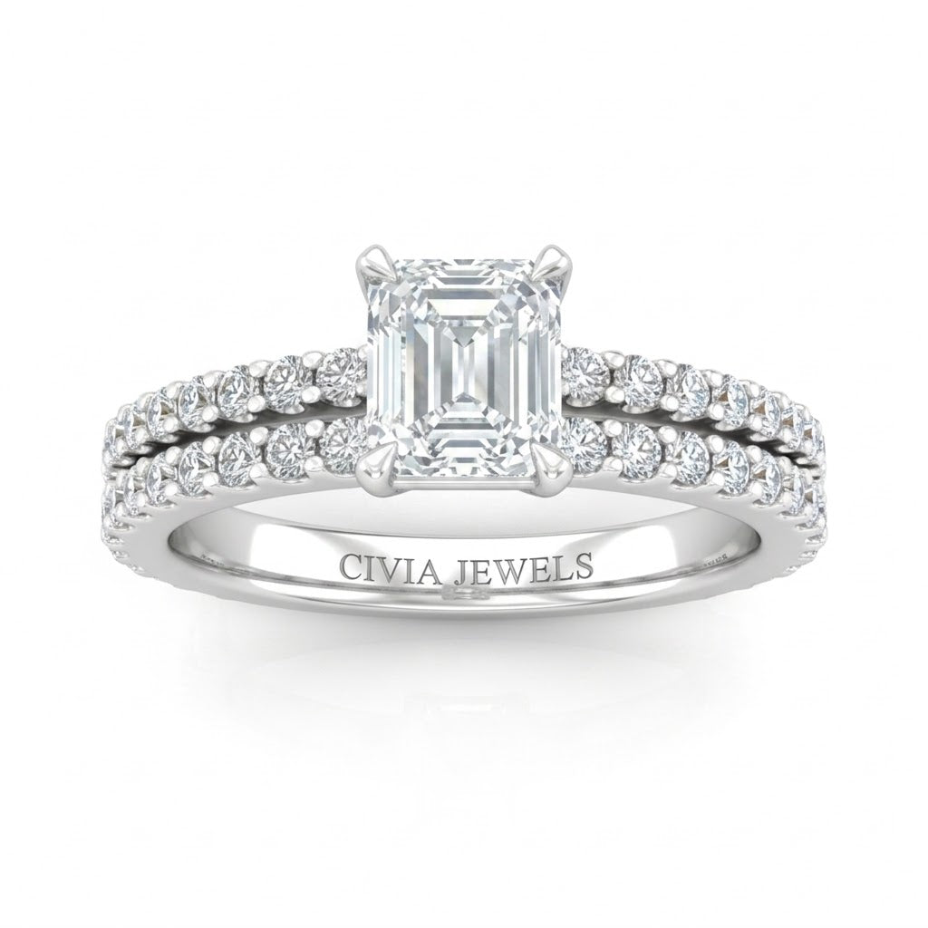 White Gold Emerald Diamond Engagement Ring With Split Pavé Band Design