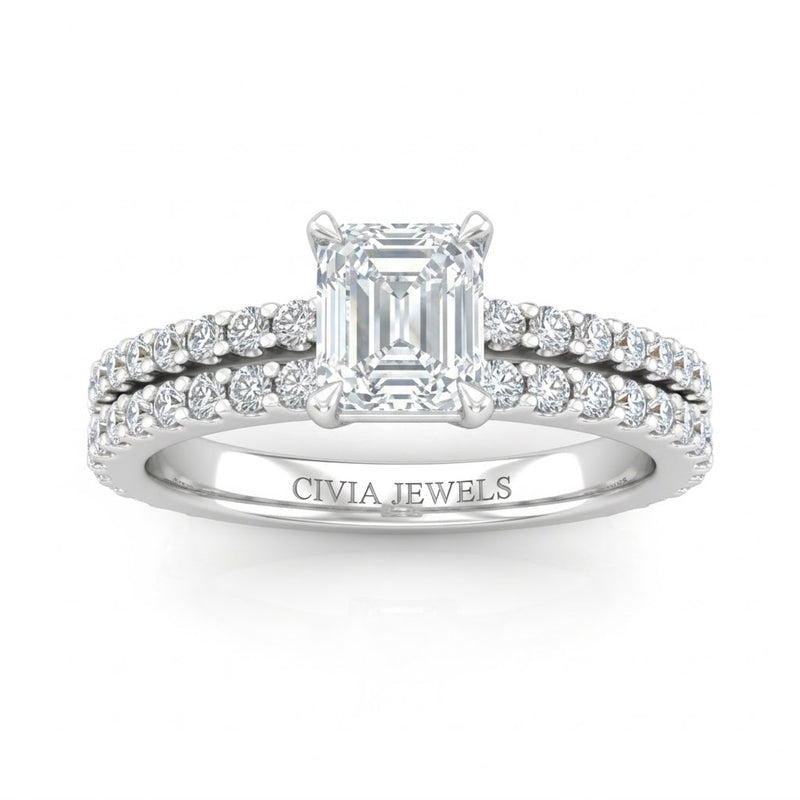 Silver Emerald Diamond Engagement Ring With Split Pavé Band Design