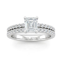 White Gold Emerald Diamond Engagement Ring With Split Pavé Band Design