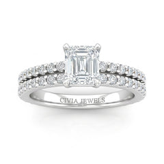 White Gold Emerald Diamond Engagement Ring With Split Pavé Band Design
