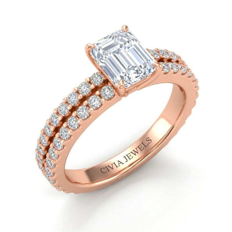 Rose Gold Emerald Diamond Engagement Ring With Split Pavé Band Design