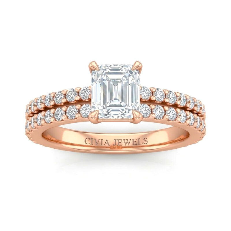 Rose Gold Emerald Diamond Engagement Ring With Split Pavé Band Design