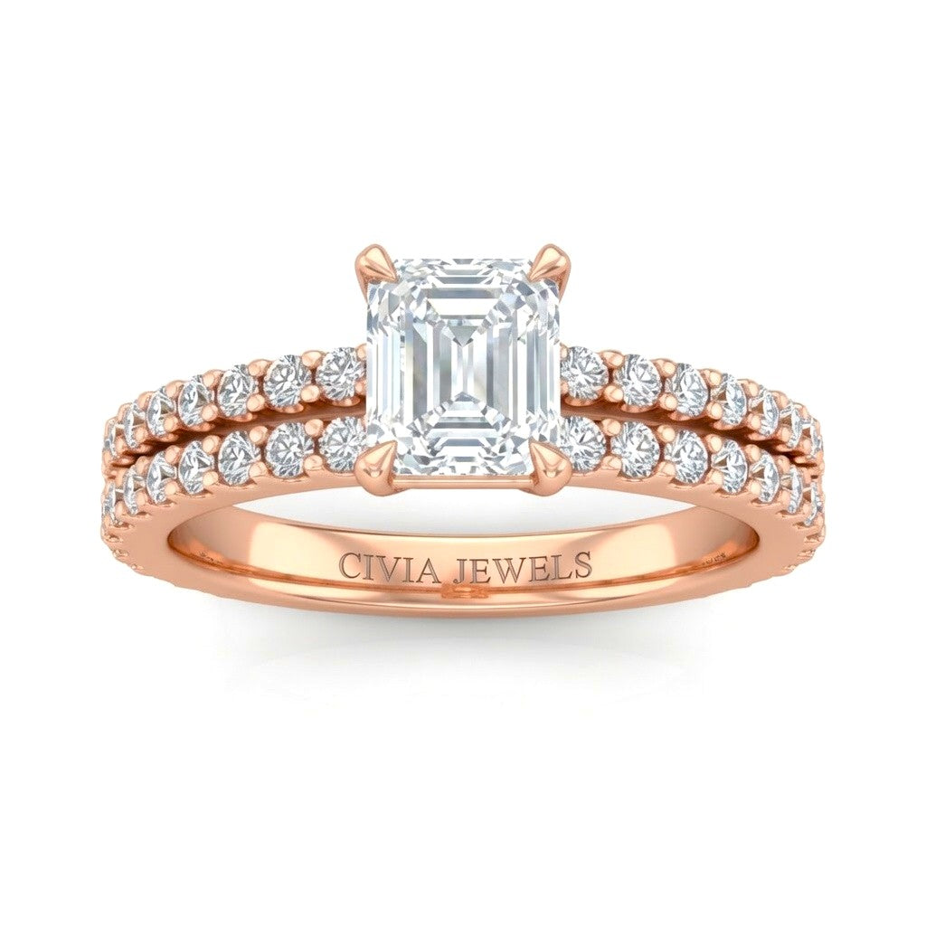 Rose Gold Emerald Diamond Engagement Ring With Split Pavé Band Design