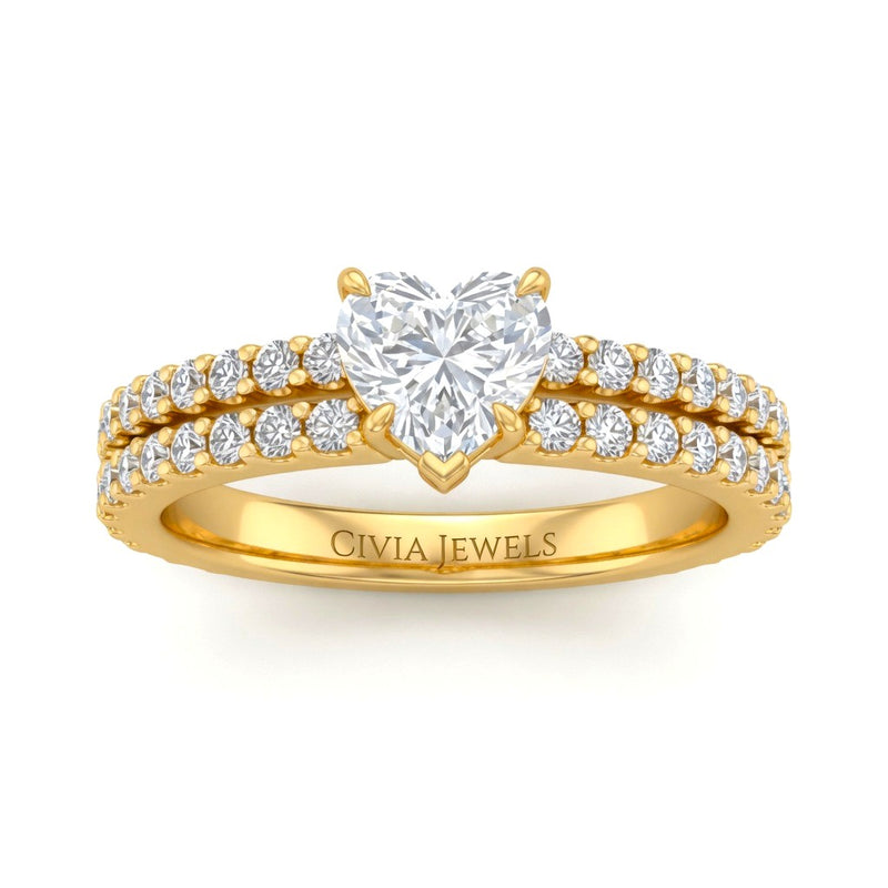 Yellow Gold Heart Diamond Engagement Ring With Split Pavé Band Design