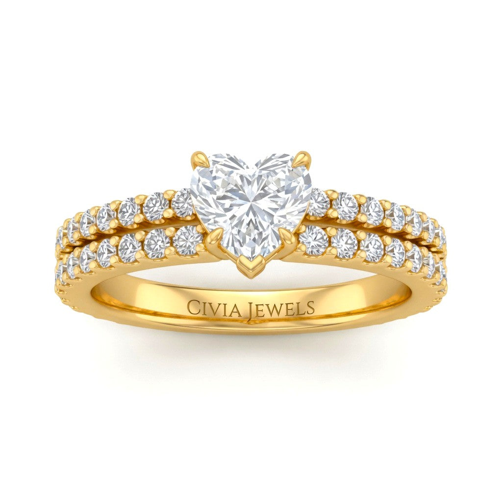 Yellow Gold Heart Diamond Engagement Ring With Split Pavé Band Design