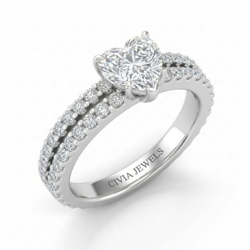 White Gold Heart Diamond Engagement Ring With Split Pavé Band Design