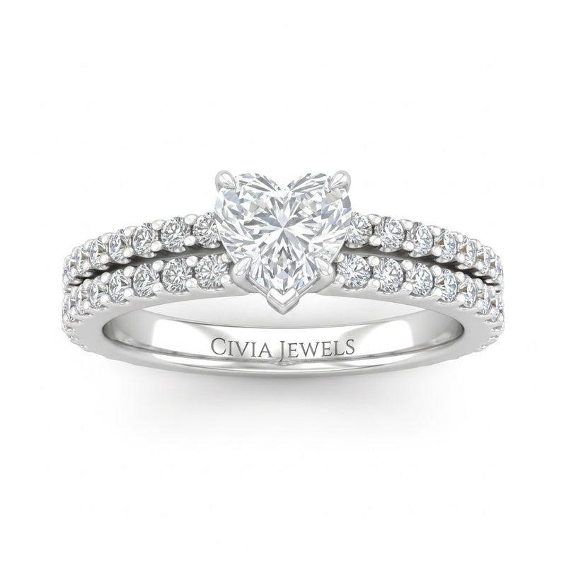 Silver Heart Diamond Engagement Ring With Split Pavé Band Design