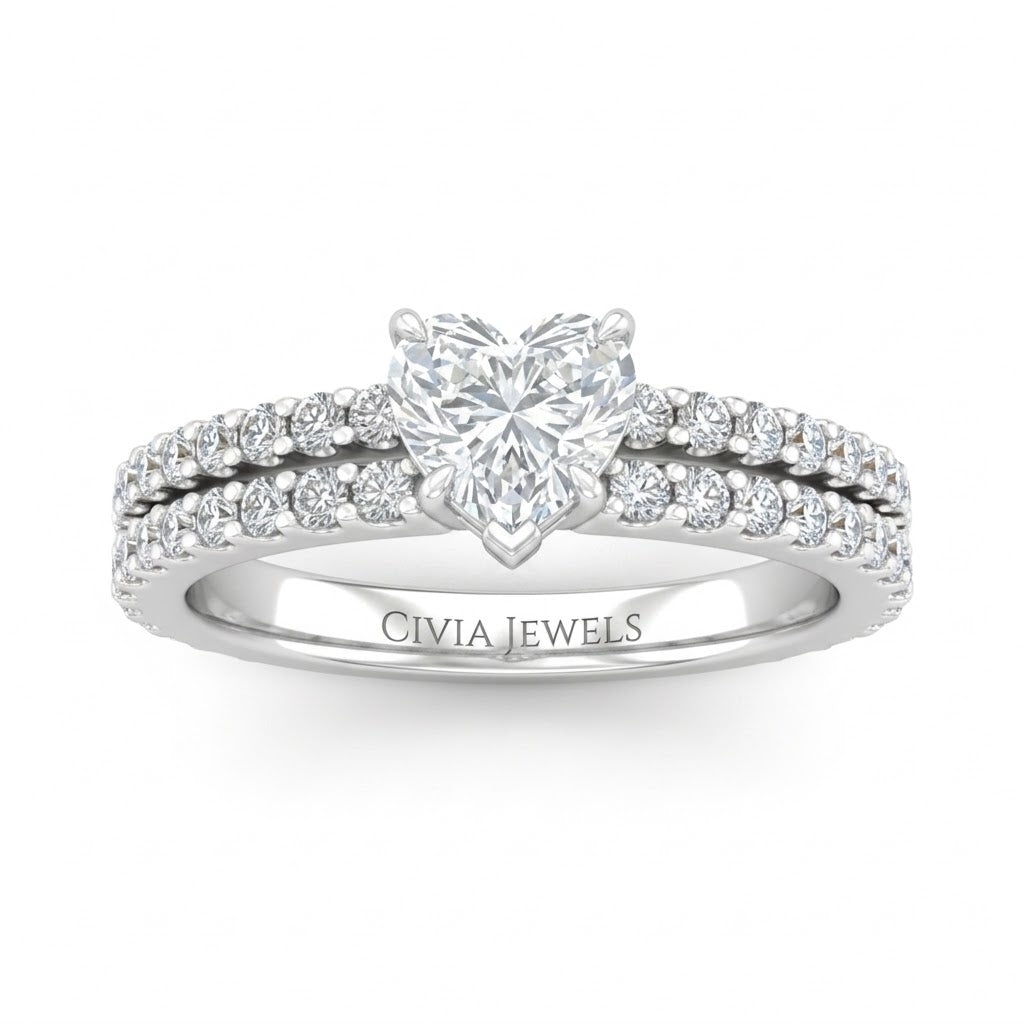 Silver Heart Diamond Engagement Ring With Split Pavé Band Design