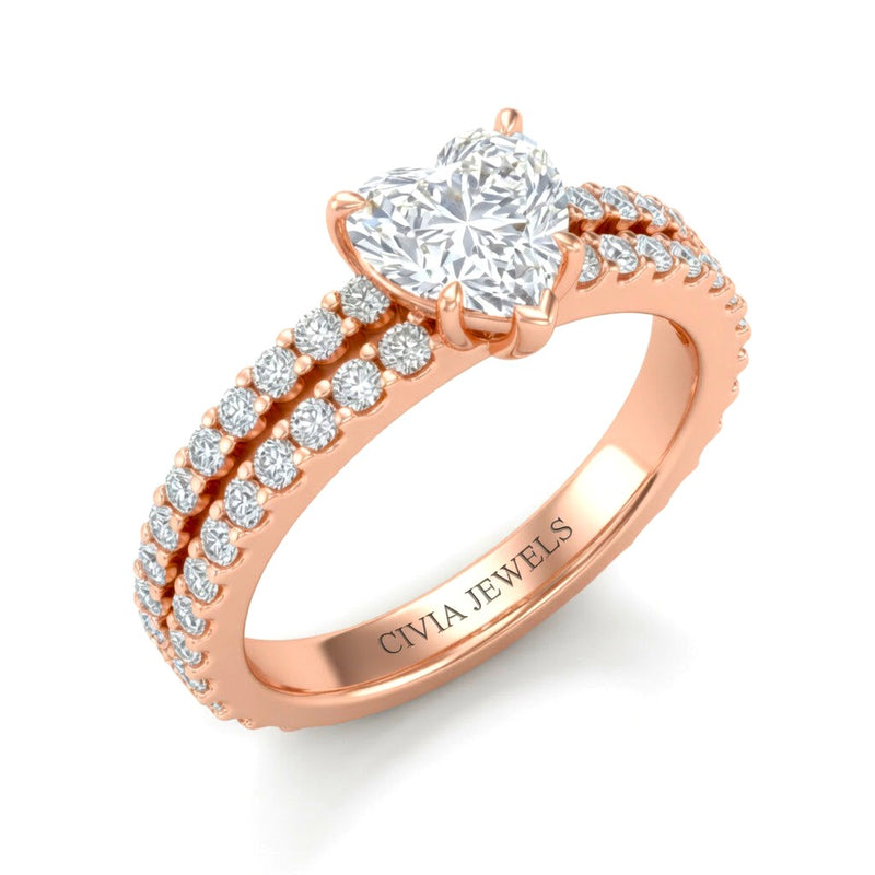 Rose Gold Heart Diamond Engagement Ring With Split Pavé Band Design