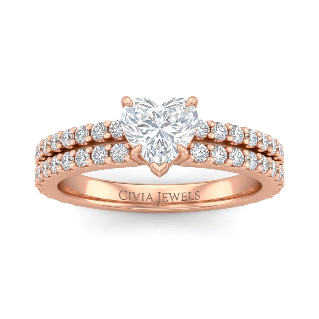 Rose Gold Heart Diamond Engagement Ring With Split Pavé Band Design