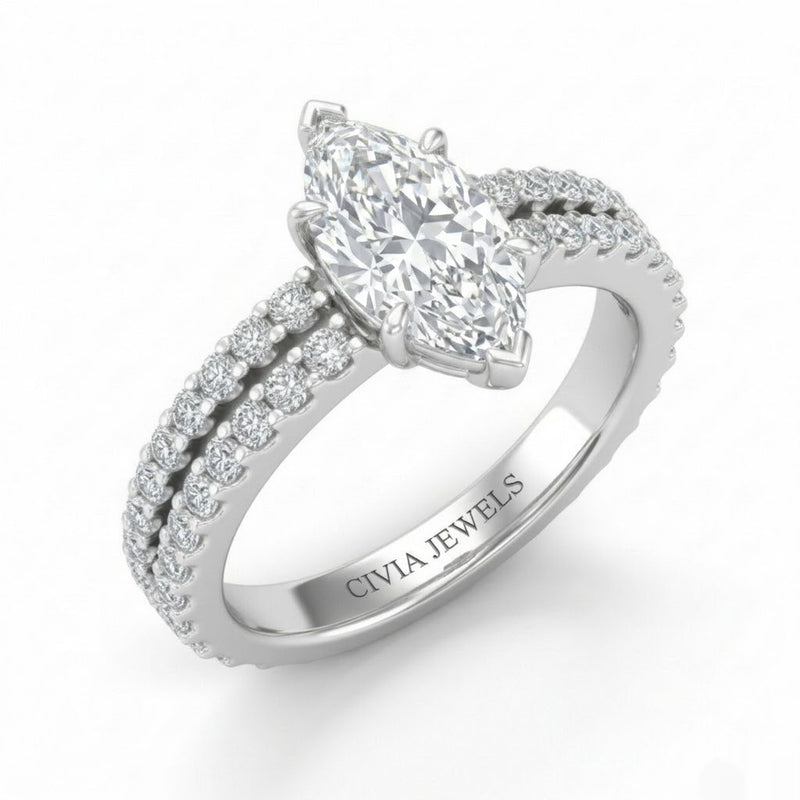 White Gold Marquise Diamond Engagement Ring With Split Pavé Band Design