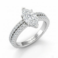 Silver Marquise Diamond Engagement Ring With Split Pavé Band Design