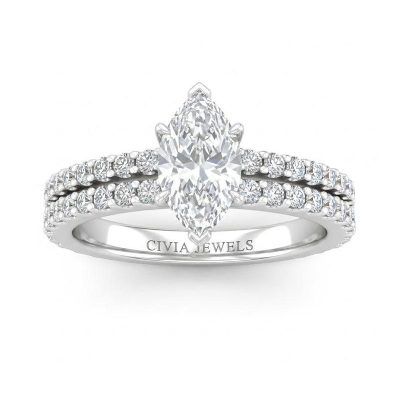 Silver Marquise Diamond Engagement Ring With Split Pavé Band Design