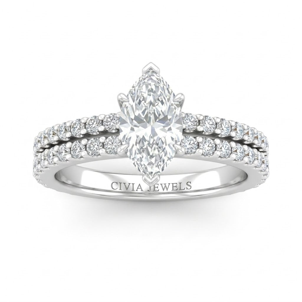 Silver Marquise Diamond Engagement Ring With Split Pavé Band Design