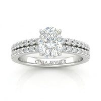 White Gold Oval Diamond Engagement Ring With Split Pavé Band Design