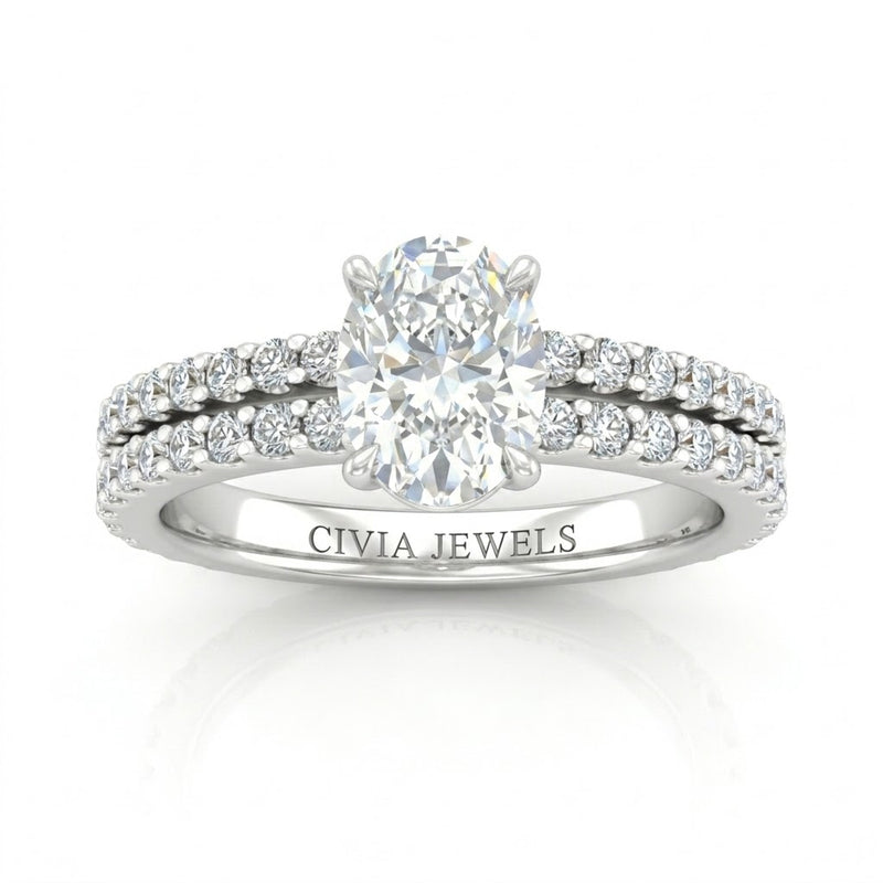 Silver Oval Diamond Engagement Ring With Split Pavé Band Design