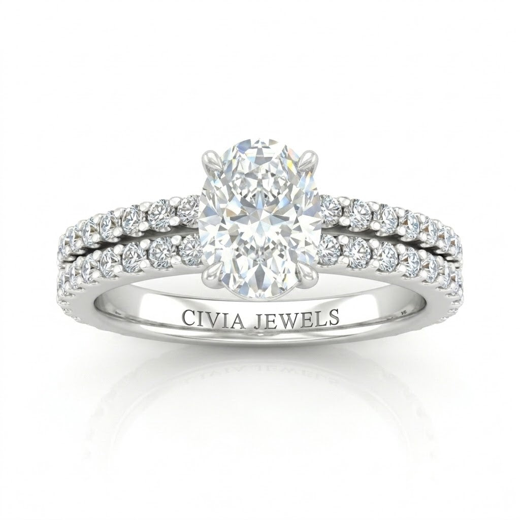 Silver Oval Diamond Engagement Ring With Split Pavé Band Design