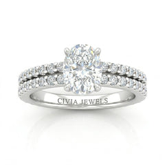 Silver Oval Diamond Engagement Ring With Split Pavé Band Design
