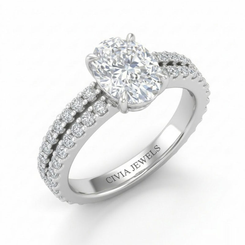 Silver Oval Diamond Engagement Ring With Split Pavé Band Design