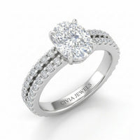 Silver Oval Diamond Engagement Ring With Split Pavé Band Design