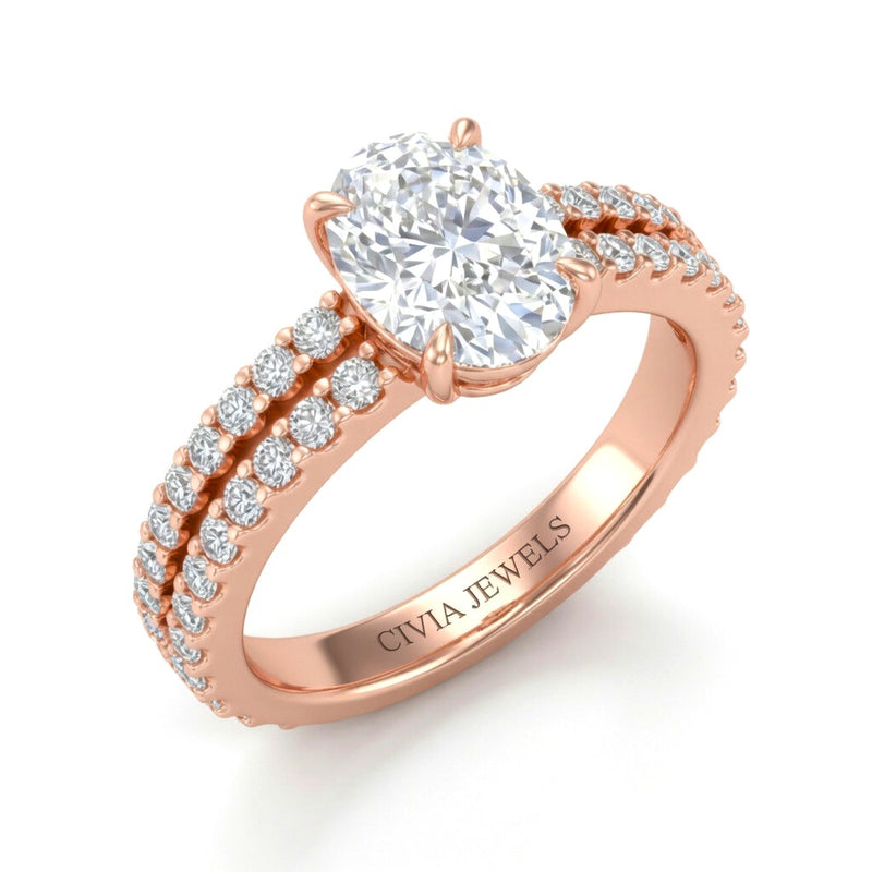 Rose Gold Oval Diamond Engagement Ring With Split Pavé Band Design