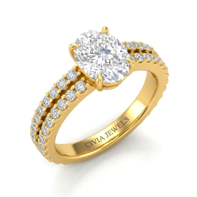 Yellow Gold Oval Diamond Engagement Ring With Split Pavé Band Design
