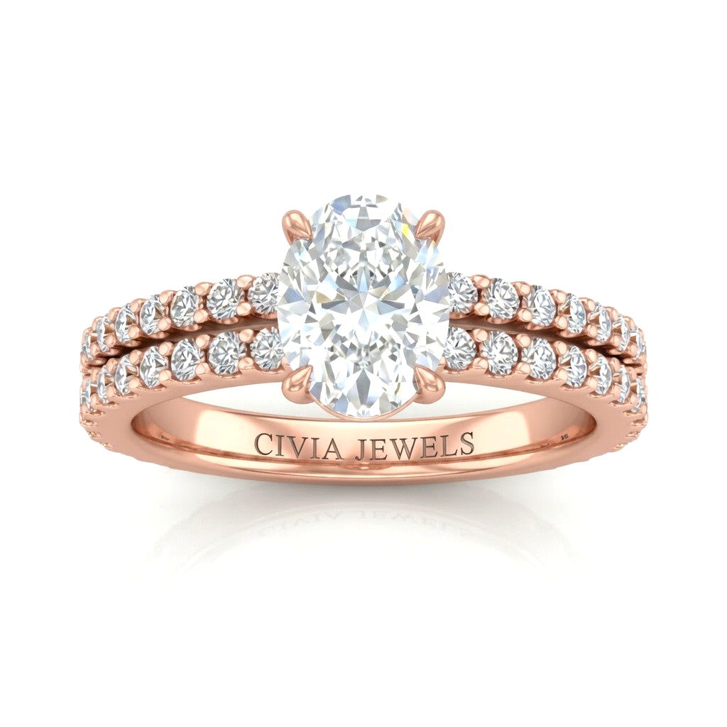 Rose Gold Oval Diamond Engagement Ring With Split Pavé Band Design