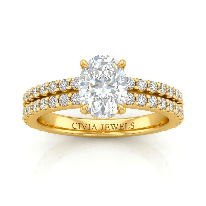 Yellow Gold Oval Diamond Engagement Ring With Split Pavé Band Design
