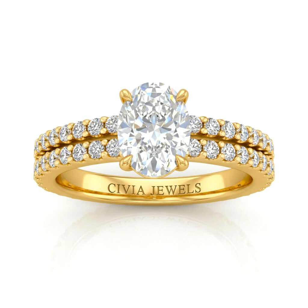 Yellow Gold Oval Diamond Engagement Ring With Split Pavé Band Design