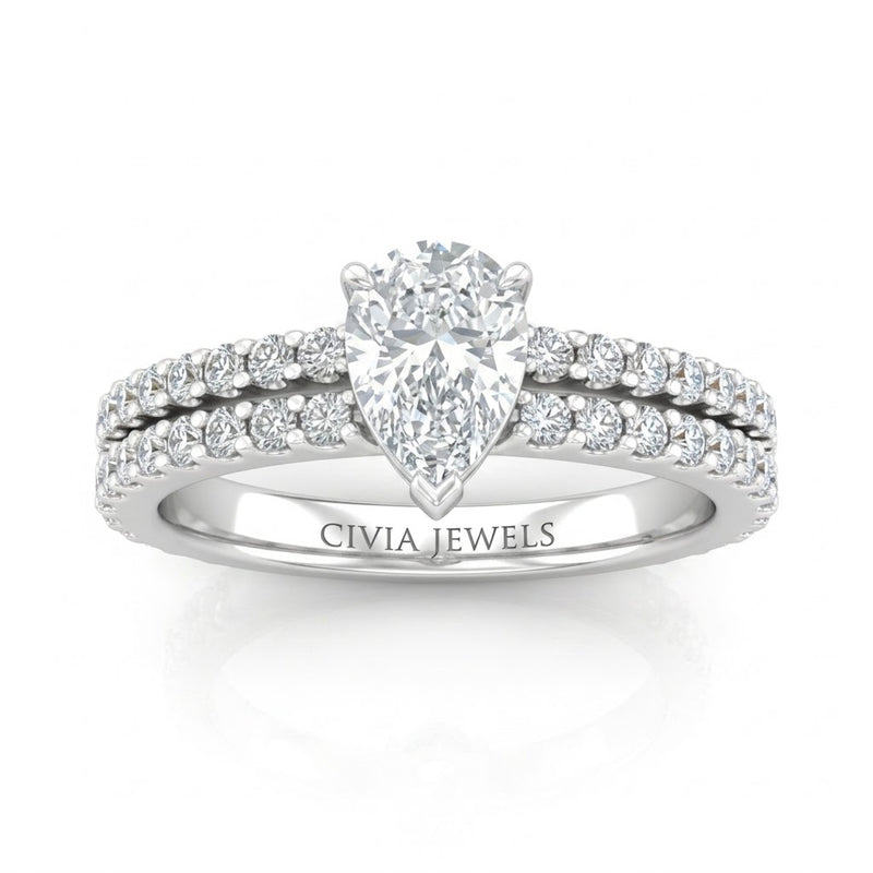White Gold Pear Diamond Engagement Ring With Split Pavé Band Design