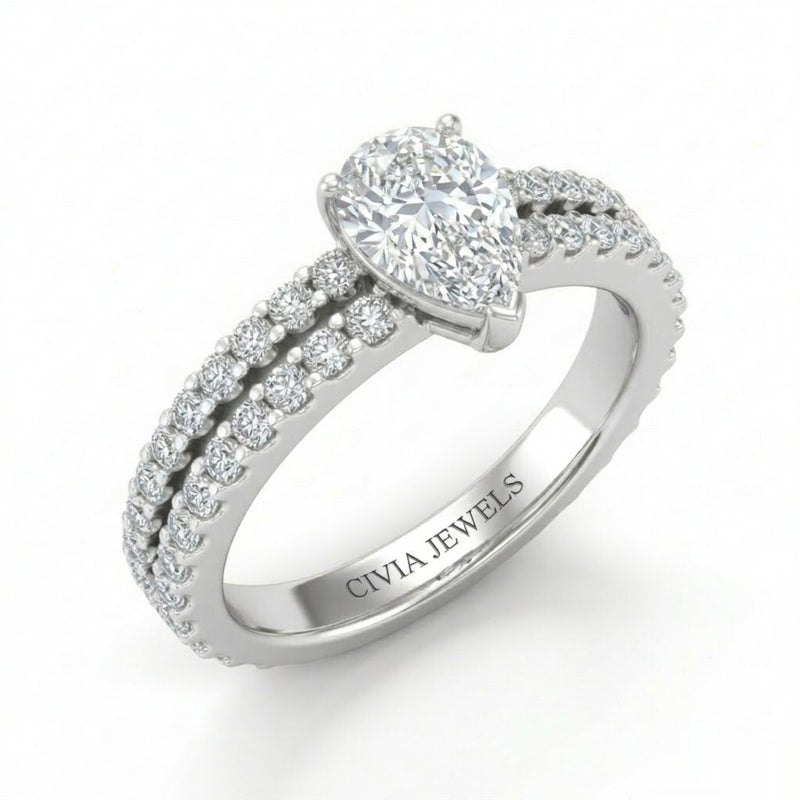 Silver Pear Diamond Engagement Ring With Split Pavé Band Design